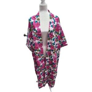 Roller Rabbit Women's Pink Floral House Kimono Robe One Size Cozy Poplin Jacket